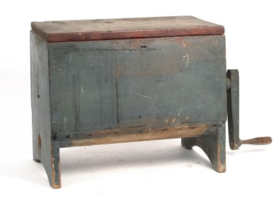 PRIMITIVE ANTIQUE BLUE PAINTED BUTTER CHURN.