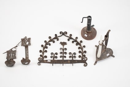 ANTIQUE IRON AND LIGHTING, FOUR PIECES.