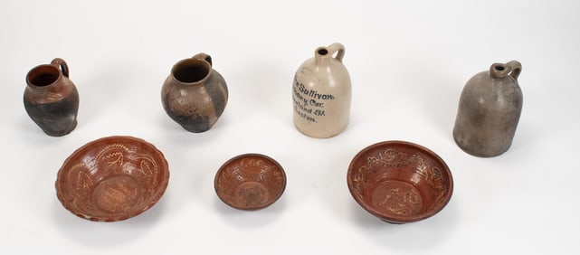 FIVE PIECES OF ANTIQUE REDWARE AND STONEWARE.