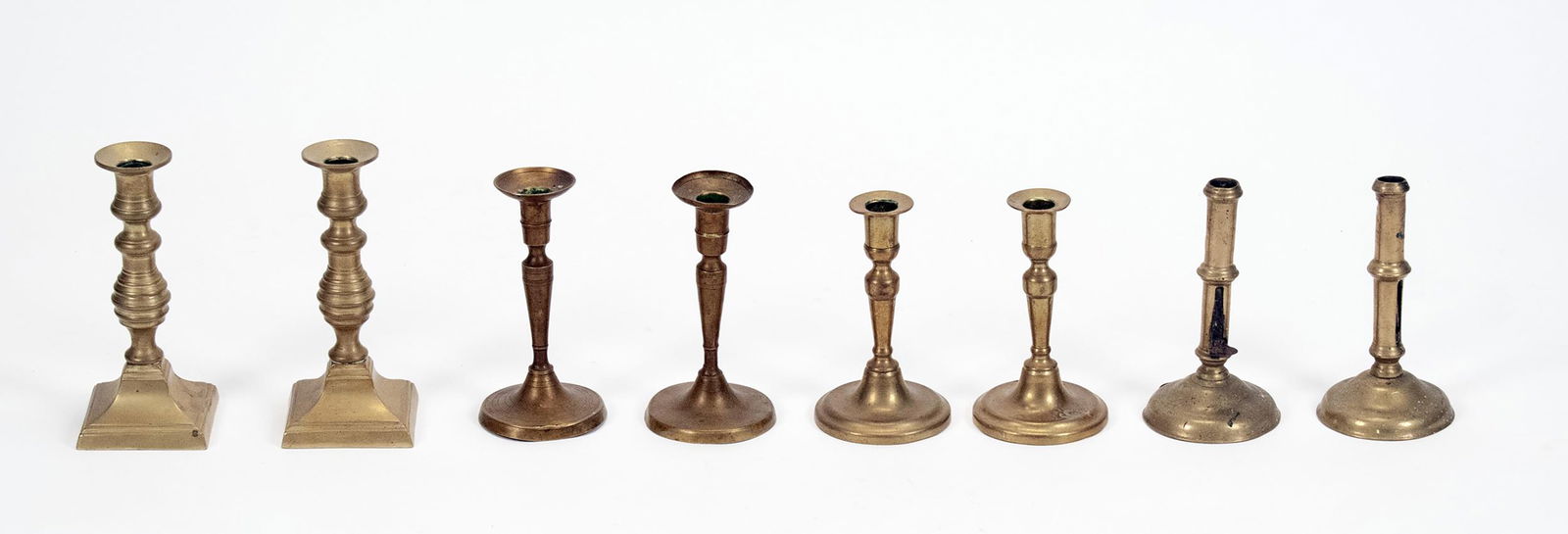 FOUR PAIRS OF ANTIQUE BRASS CANDLESTICKS, 2 OF 2. (1 of 7)
