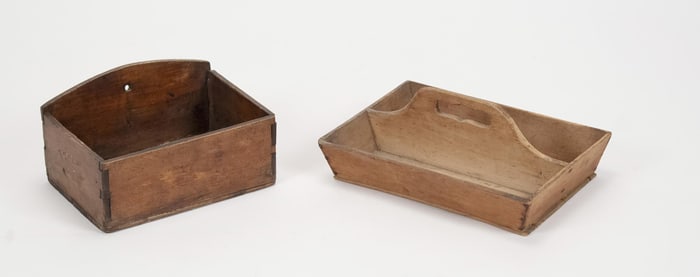 ANTIQUE WALL BOX AND CUTLERY TRAY/BOX, 2 PCS.