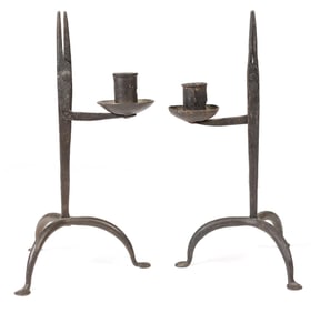 TWO ANTIQUE WROUGHT IRON RUSH LIGHTS.
