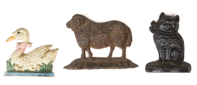 THREE VINTAGE DOOR STOPS; DUCK, CAT AND RAM.