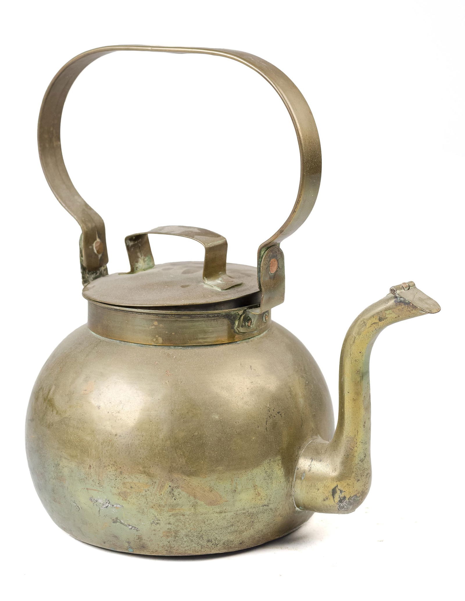 ANTIQUE BRASS TEA KETTLE, TRIVET AND CAULDRON. (1 of 20)
