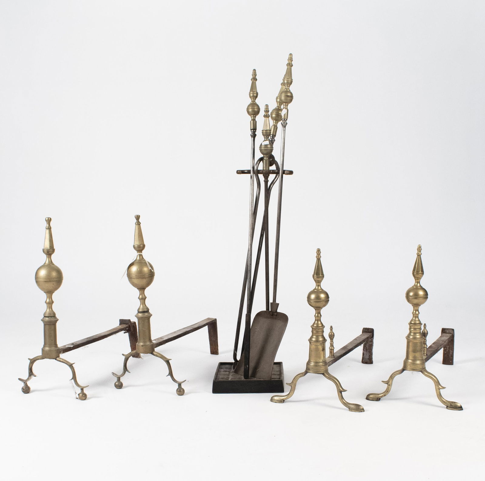 TWO PAIR OF ANTIQUE STEEPLE TOP ANDIRONS W/TOOLS. (1 of 4)