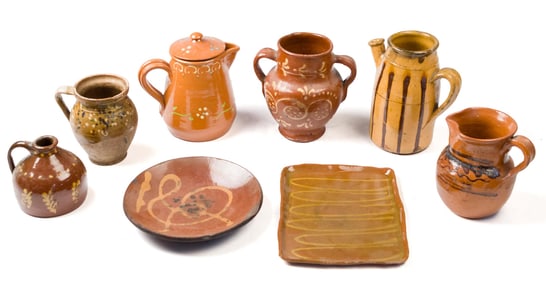 ANTIQUE REDWARE, EIGHT PIECES.