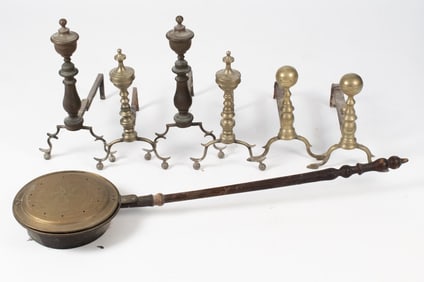THREE PAIRS OF BRASS ANDIRONS & BED WARMER.