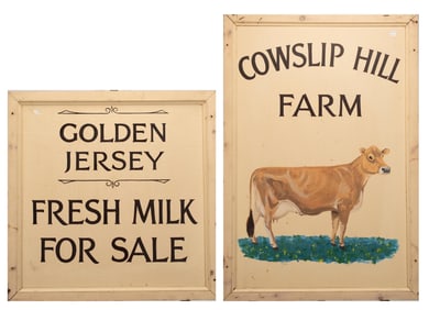 TWO VINTAGE FARM SIGNS.