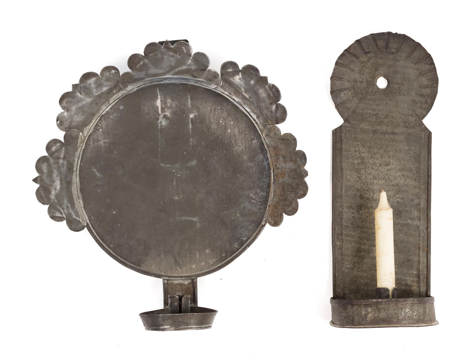TWO 19TH C. CIRCULAR TIN CANDLE SCONCES. (1 of 10)