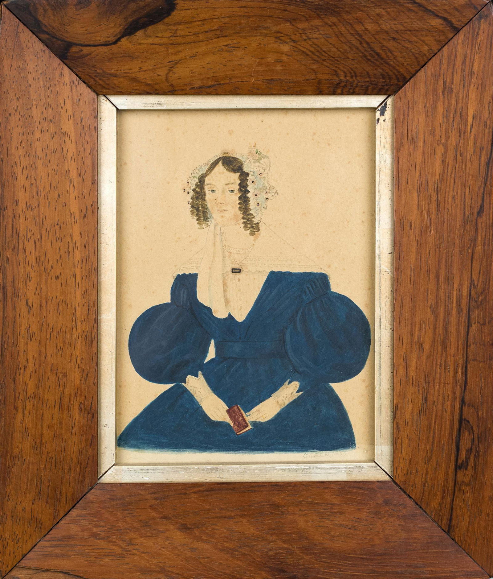 EARLY 19TH C. PORTRAIT PAINTING, WOMAN IN BLUE DRESS. (1 of 5)