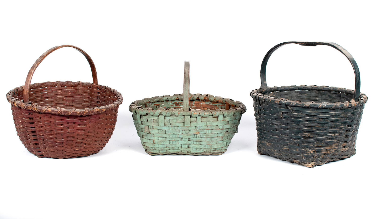 THREE ANTIQUE PAINTED HANDLED BASKETS. (1 of 19)