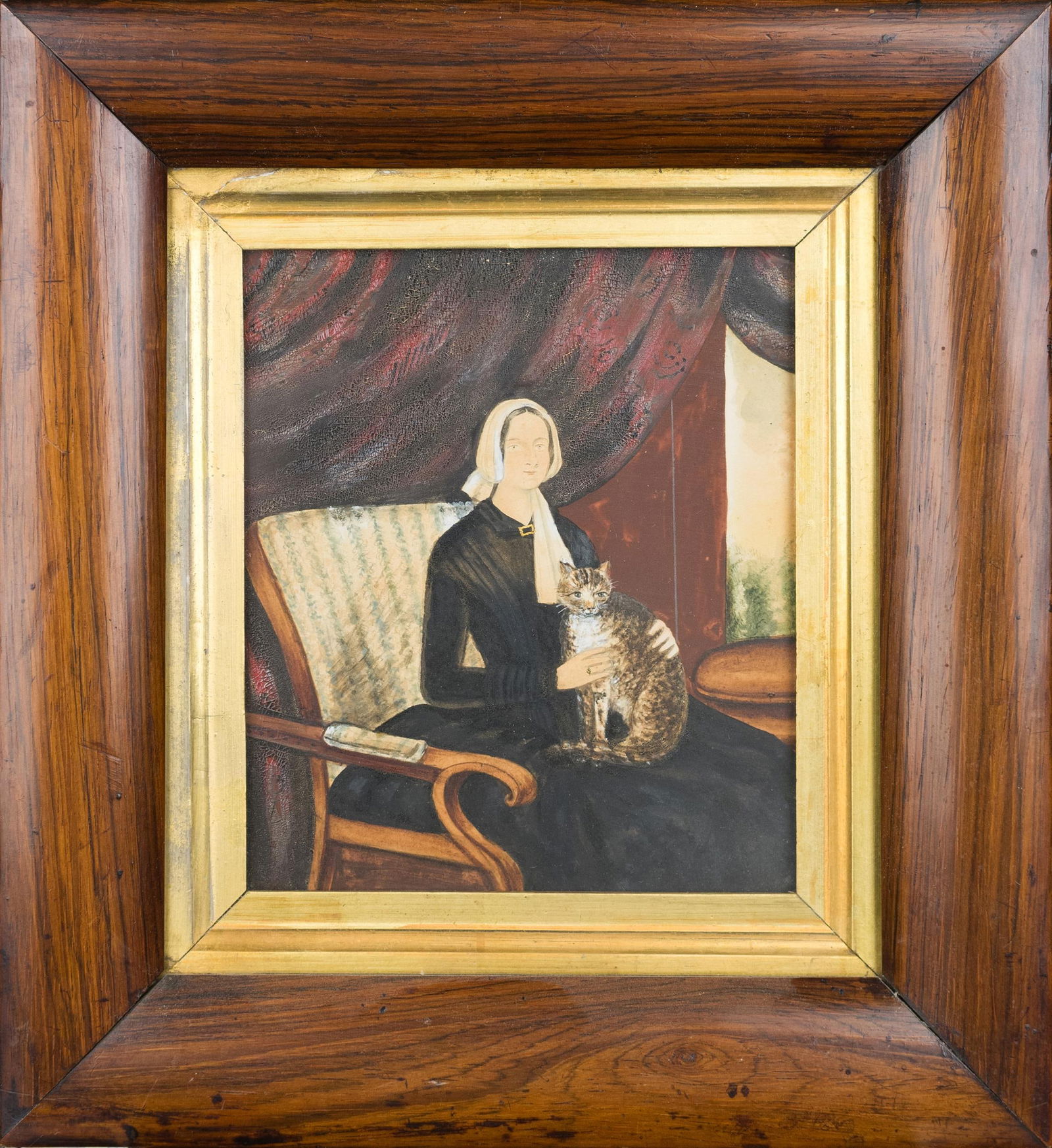 19TH C. PAINTING, SEATED WOMAN WITH CAT. (1 of 9)