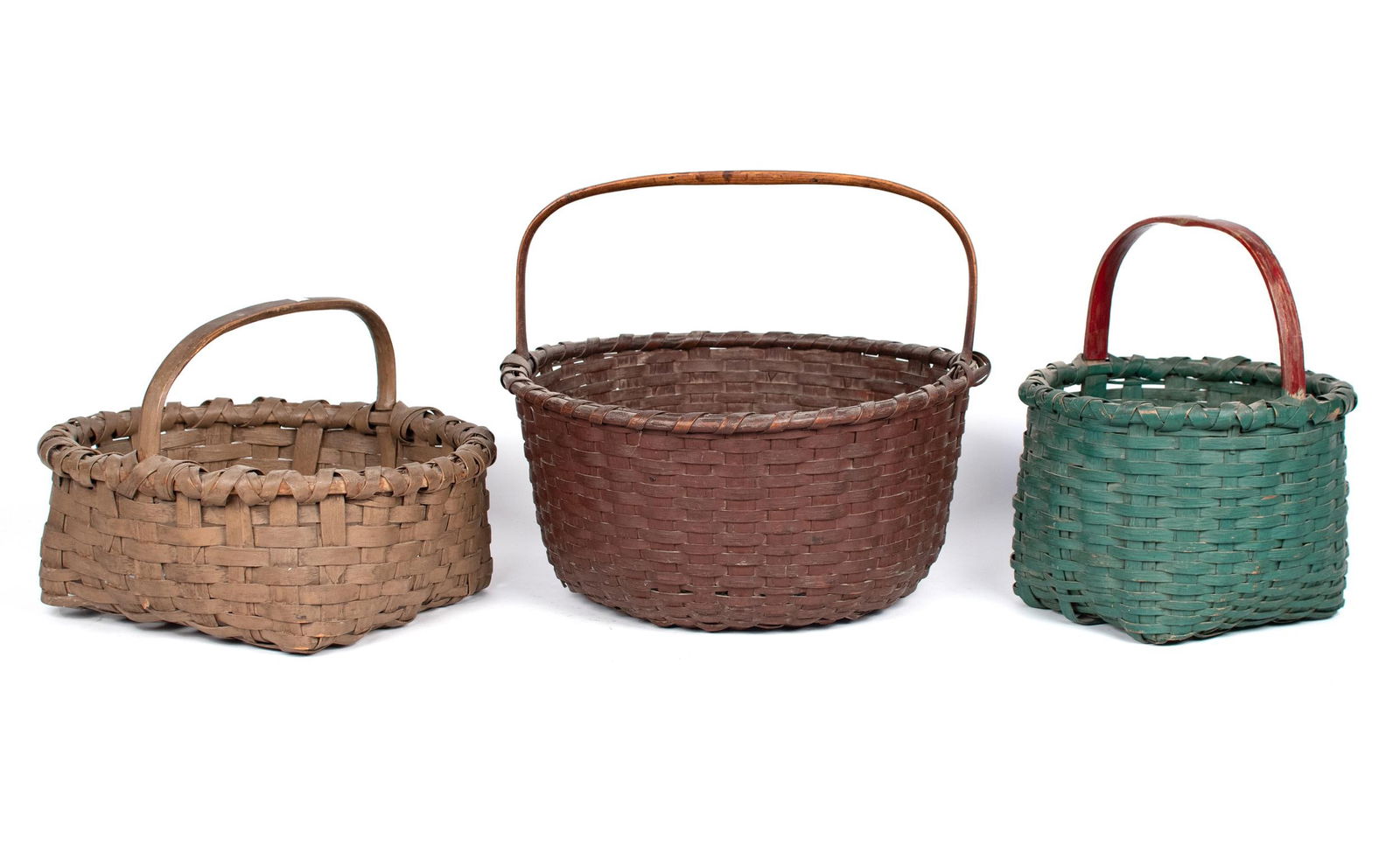 THREE ANTIQUE PAINTED SPLINT BASKETS. (1 of 18)