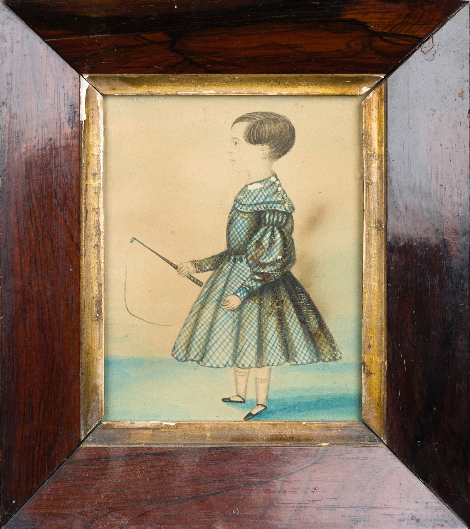 19TH C. MINIATURE PAINTING, CHILD HOLDING WHIP. (1 of 5)