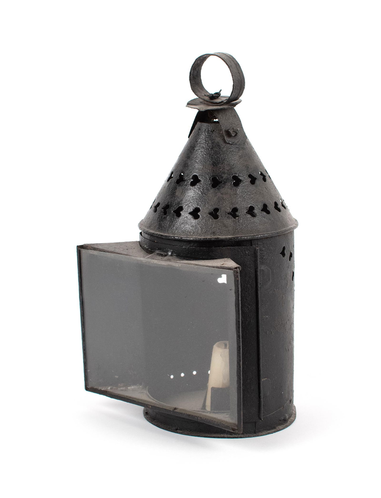 19TH C. PIERCED TIN HANGING CANDLE LAMP. (1 of 10)