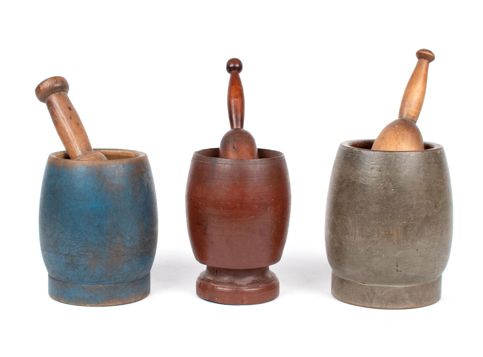 THREE EARLY PAINTED MORTAR & PESTLES. (1 of 11)