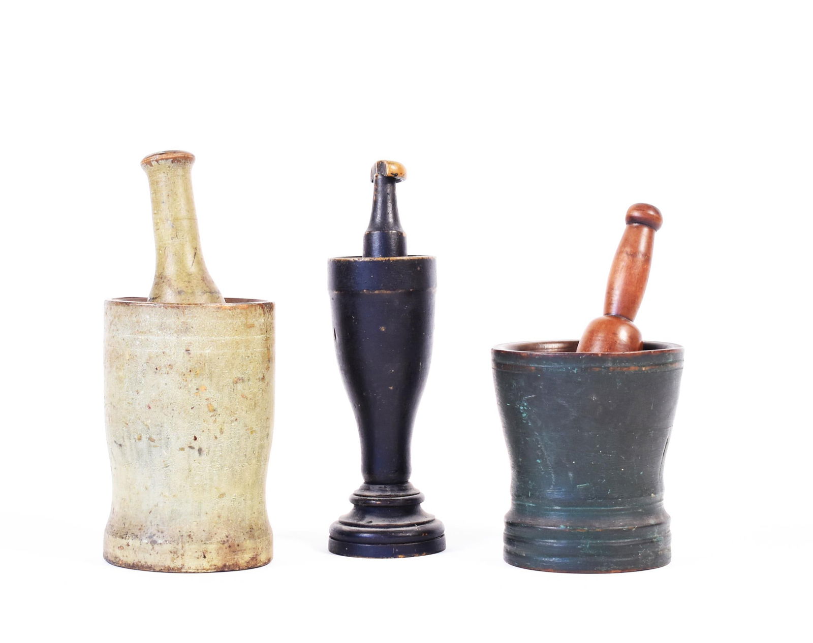 THREE EARLY CARVED PAINTED MORTAR & PESTLES. (1 of 15)