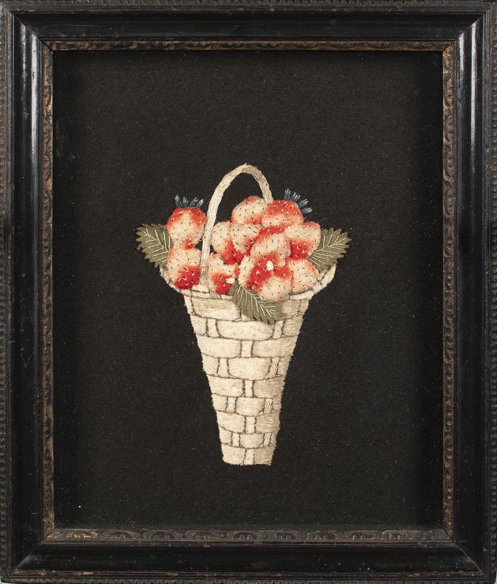 19TH C. APPLIQUE FELT WORK, BASKET OF STRAWBERRIES. (1 of 4)