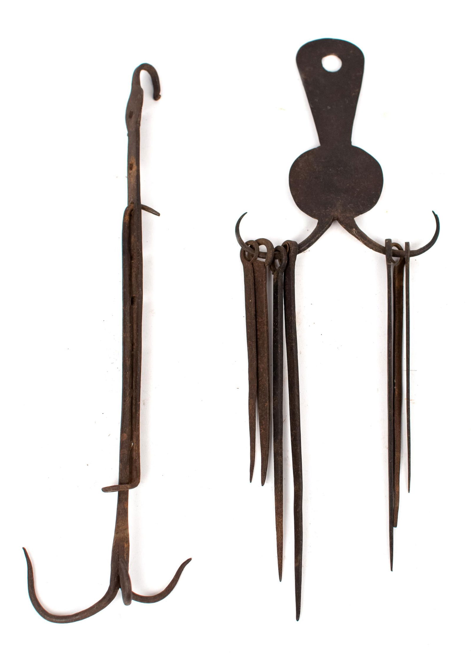 18TH C. IRON SKEWERS & HOLDER W/ A MEAT TRAMMEL. (1 of 8)