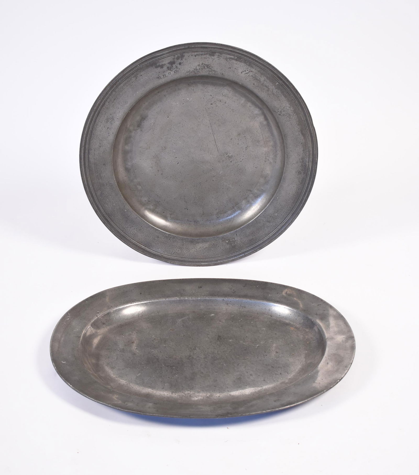 TWO 18TH C. PEWTER PLATTERS. (1 of 8)
