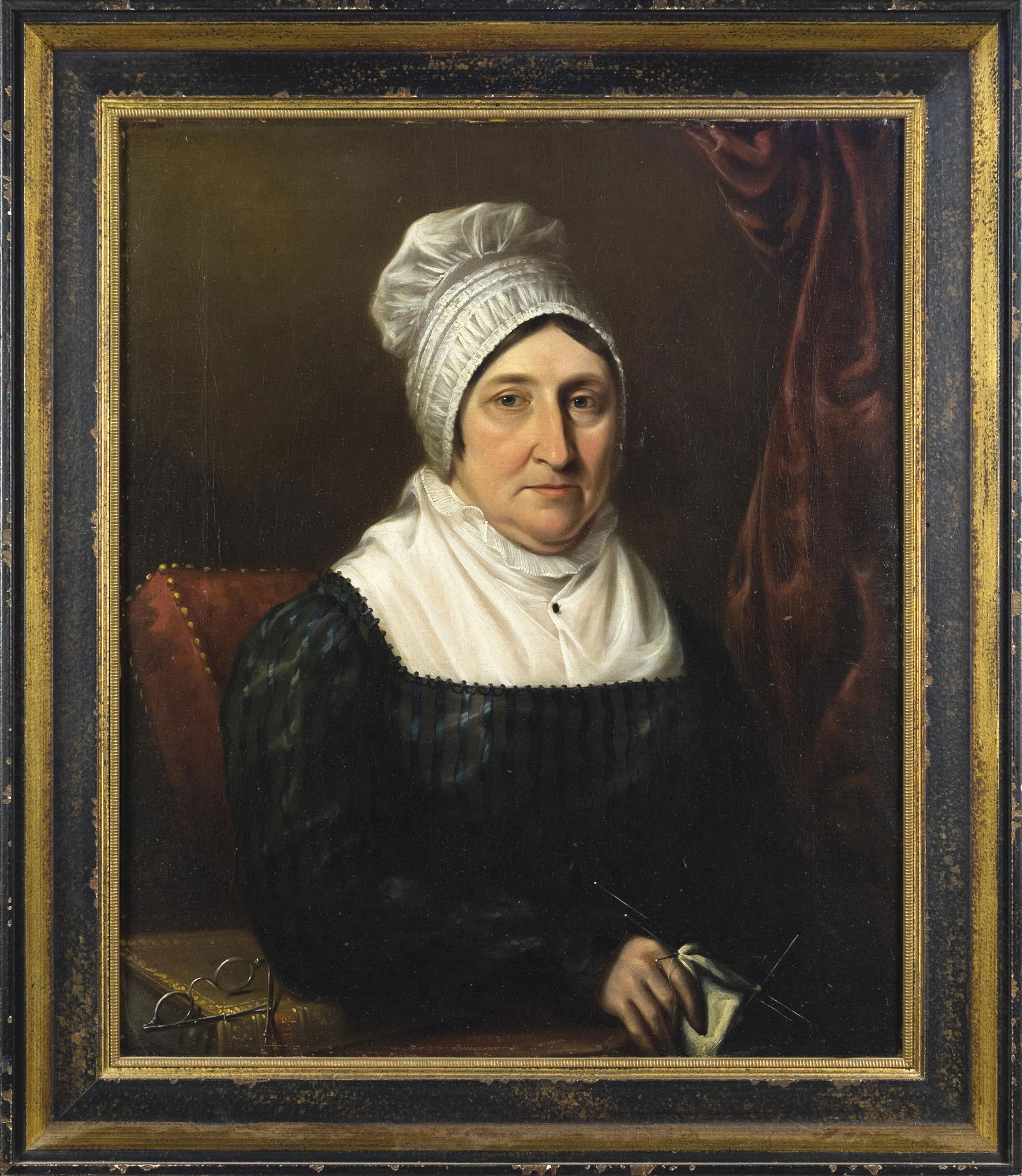 19TH C. PORTRAIT PAINTING, WOMAN KNITTING. (1 of 9)