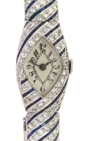 ART DECO PLATINUM DIAMOND & SAPPHIRE WATCH.