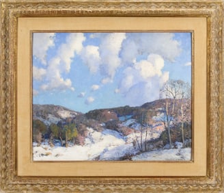 WILLIAM J. KAULA OIL ON BOARD, WINTER LANDSCAPE.