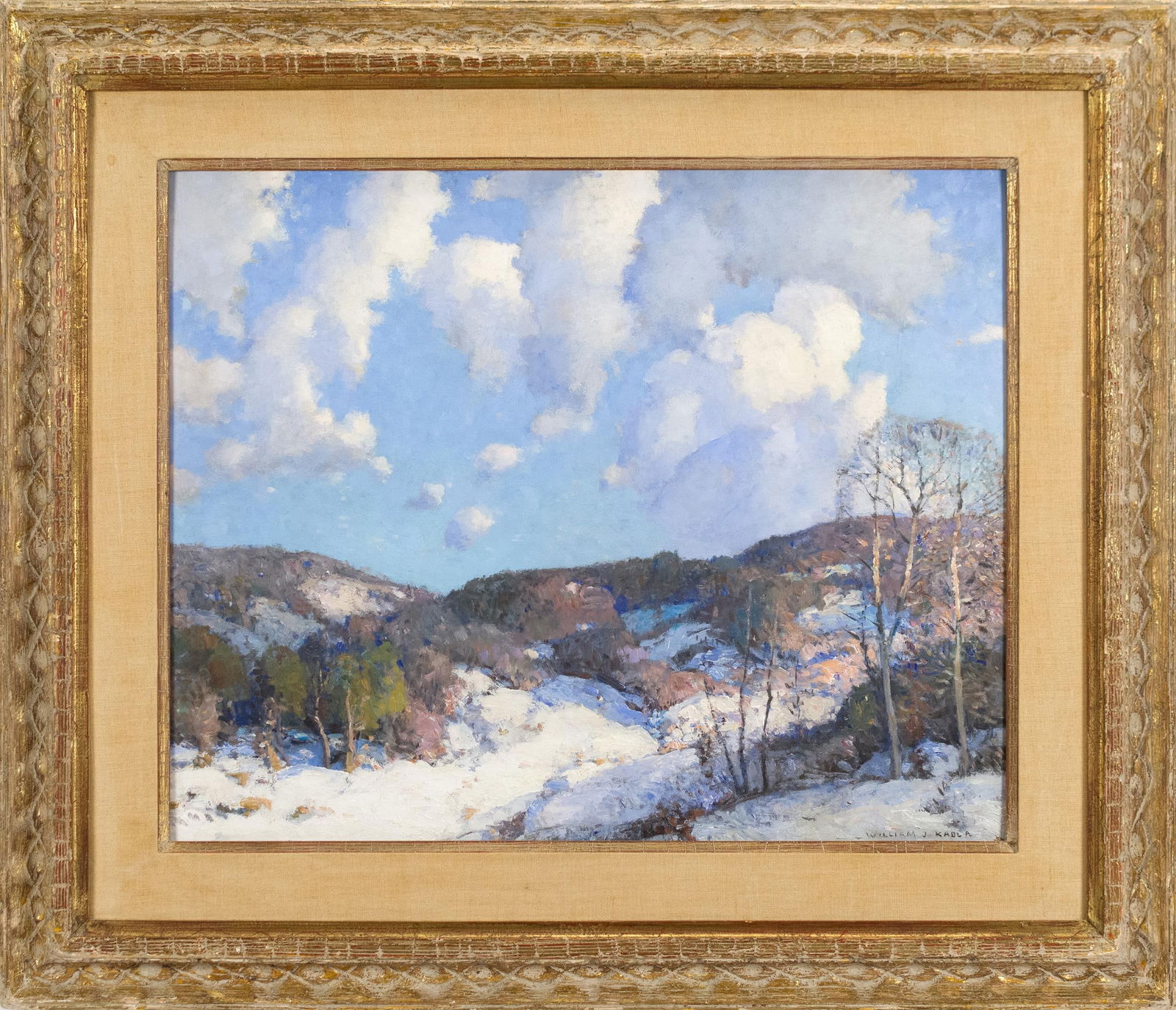 WILLIAM J. KAULA OIL ON BOARD, WINTER LANDSCAPE. (1 of 8)