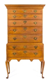 18TH C. NH QUEEN ANNE FIGURED MAPLE HIGHBOY.