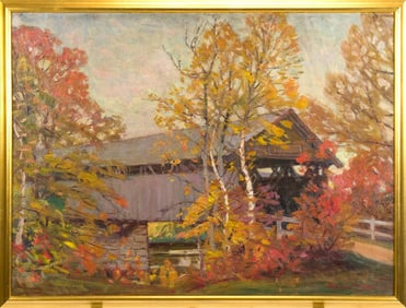 ROBERT E. OWEN OIL ON CANVAS, COVERED BRIDGE.