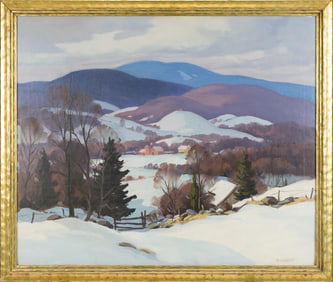 ARTHUR LINGQUIST OIL ON CANVAS, VT WINTER LANDSCAPE.