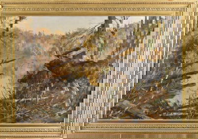 CARL RUNGIUS OIL ON CANVAS, MOOSE AND LAKE.