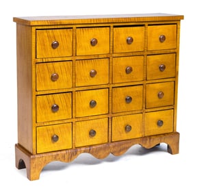 ANTIQUE 16 DRAWER TIGER MAPLE APOTHECARY.