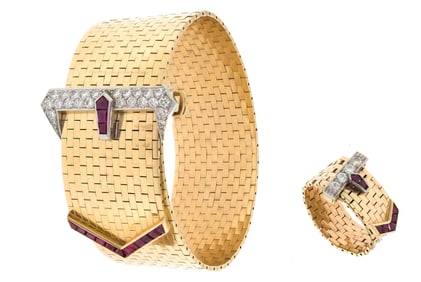 VINTAGE 14K GOLD/PLATINUM BUCKLE BRACELET & RING.