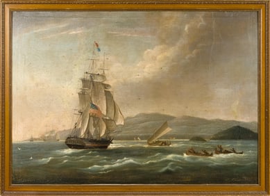 A 19TH C. CHINA TRADE SHIP PAINTING.