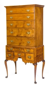 18TH C QUEEN ANNE TIGER MAPLE NEW ENGLAND HIGHBOY.