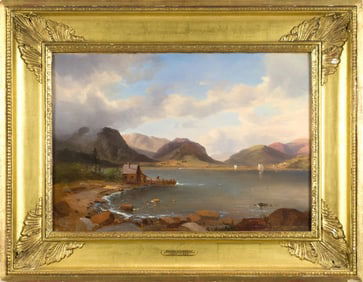 REGIS GIGNOUX OIL ON CANVAS, LAKE SCENE.