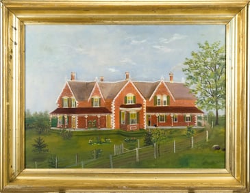 19TH C. AMERICAN SCHOOL OIL, BRICK HOMESTEAD.