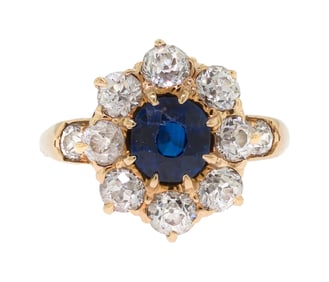 ANTIQUE 14K GOLD BLUE SAPPHIRE & DIAMOND RING.