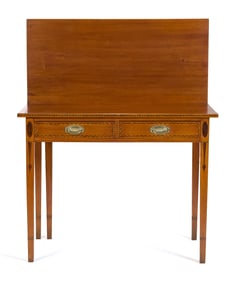 A FINE VT LEMUEL BISHOP INLAID CHERRY CARD TABLE.
