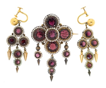 VICTORIAN GARNET & SEED PEARL PIN AND EARRING SET.