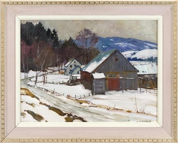 ALDRO T. HIBBARD OIL ON BOARD, WINTER LANDSCAPE.