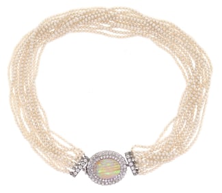 FINE NATURAL PEARL NECKLACE W/ OPAL & DIAMOND CLASP.