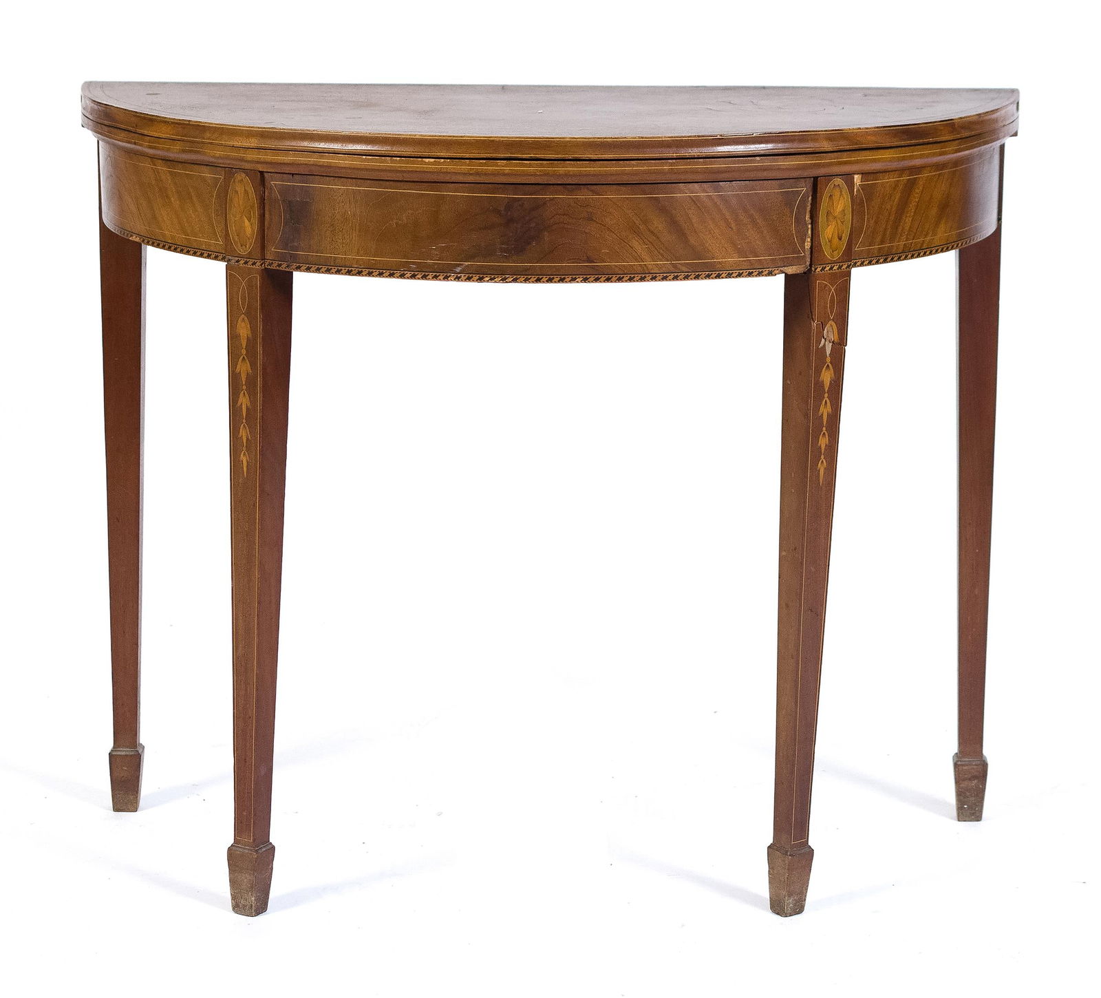 19TH C. BALTIMORE INLAID MAHOGANY CARD TABLE.: A ca.1800 Baltimore mahogany demi-lune card table with fine bell flower inlays (indicative of the Baltimore region), on tapered legs ending in spade feet.29”H x 36”L x 17”D.