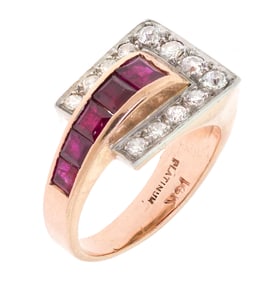 RETRO 14K ROSE GOLD DIAMOND & RUBY RING.