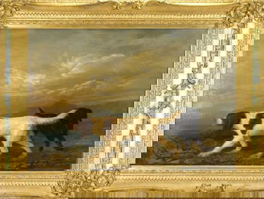 LATE 19TH C. ENGLISH SCHOOL OIL, HUNTING DOGS.