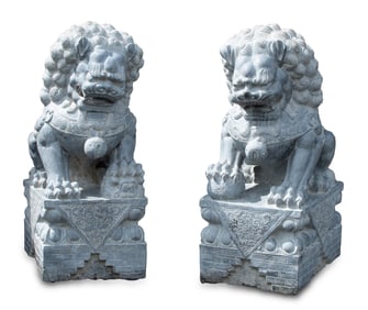 PR. OF LARGE CARVED STONE FOO DOGS.