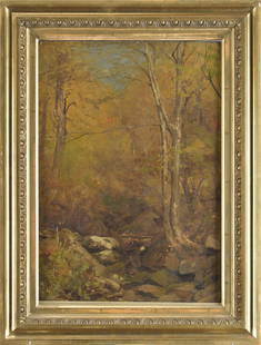 JERVIS MCENTEE OIL, FORESTEDLANDSCAPE.: Jervis McEntee (New York, 1828 - 1891) oil on canvas, forest landscape with rocky stream, initialed lower right, JME ‘83. Stretcher 16” x 11.25”, Overall framed 20” x 15.5̶