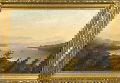 ALLAN JAMES STOVER OIL, LAKE SCENE OVERLOOK.