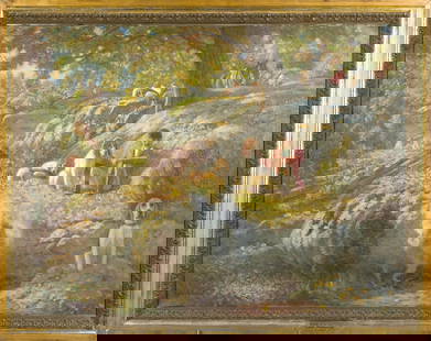 HENRY R. POORE OIL, ‘END OF A GOOD MORNING’.: Henry Rankin Poore (1859 - 1940) oil on canvas, hunting scene. Titled on frame with plaque and label on reverse, ‘End of A Good Morning’. Signed lower left, Henry R, Poore 1939. Canvas 30&
